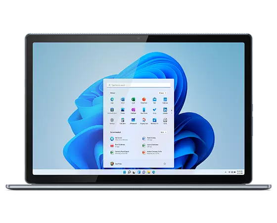 Vorderansicht des IdeaPad Duet 5i i, Notebook-Modus mit einem OS-Panel von der beweglichen blauen Figur auf dem Display