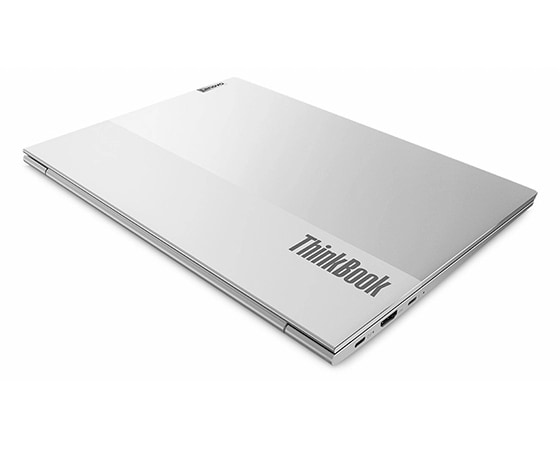 A dual-tone ThinkBook 13s Gen 4 (Intel) laptop viewed from the left-rear at a 30° angle with its top over closed, highlighting the distinctive ThinkBook logo and left-side ports.