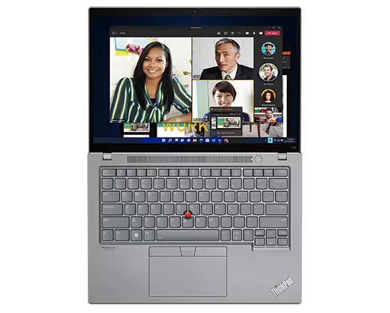 Vue aérienne du ThinkPad T14 Gen 3 (14 AMD), ouvert à plat à 180 degrés. montrant l’écran et le clavier