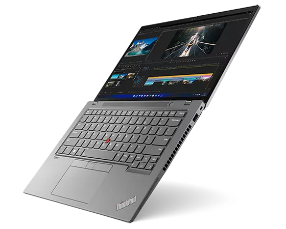 Front-facing, right-side view of ThinkPad T14 Gen 3 (14 AMD), opened, angled, top to bottom, showing keyboard & display