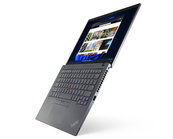 Left-side view of ThinkPad T14s (14” AMD), opened 180 degrees, vertically, from left to right, showing keyboard and display.