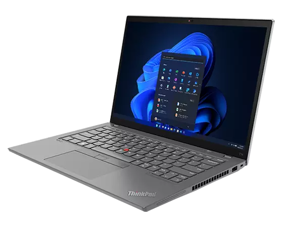 Front-facing, right-side view of ThinkPad T14 Gen 3 (14 AMD), opened, showing display and keyboard.