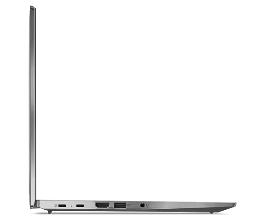 Vue de profil droit du ThinkPad T14s (14 » AMD), ouvert à 90 degrés, montrant le bord du clavier et de l’écran