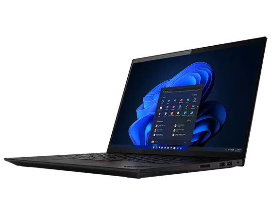 Left-side view of ThinkPad X1 Extreme Gen 5 (16” Intel) laptop, opened, 90 degrees, showing display and laptop