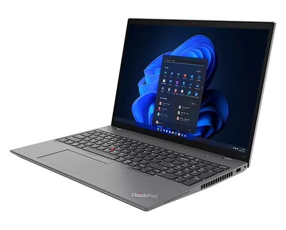 Right-side view of ThinkPad T16 Gen 1 (16” Intel) laptop, showing display and keyboard