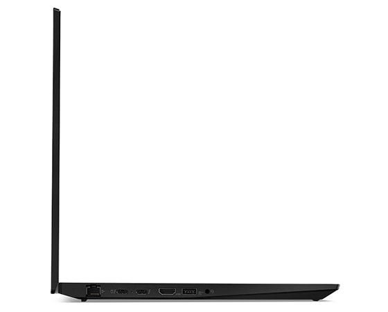 Vue latérale droite de la station de travail portable ThinkPad P16, ouverte à 90 degrés, montrant les ports et la bordure de l’écran