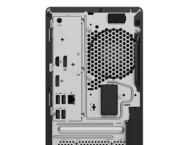 Rear view of M70t Gen 3 tower PC, positioned vertically.
