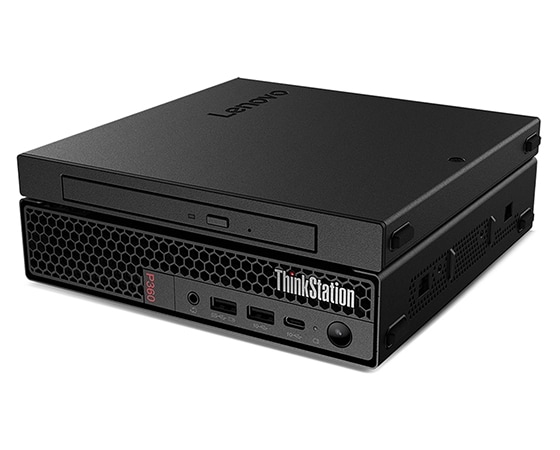 External optical disk drive on top of horizontally positioned Lenovo ThinkStation P360 Tiny workstation, showing front ports and slots.