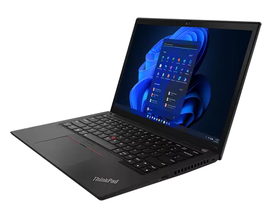 Lenovo ThinkPad X13 Gen 3 (13" AMD) laptop in Thunder Black, open 90 degrees and angled to show right-side ports. 