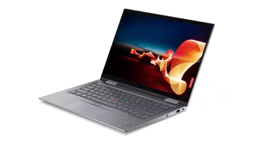 Lenovo ThinkPad X1 Yoga Gen 6 2-en-1 ouvert à 90° et incliné pour montrer les ports du côté gauche.