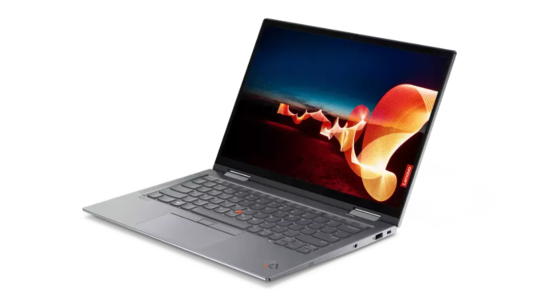 Vista angolare del notebook 2-in-1 Lenovo ThinkPad X1 Yoga di sesta generazione aperto a 90° con porte sul lato sinistro.