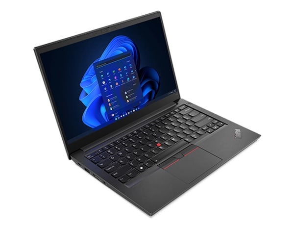 Overhead shot of Lenovo ThinkPad E14 Gen 4 (14” AMD) laptop, opened 180 degrees, laid flat, showing display and keyboard