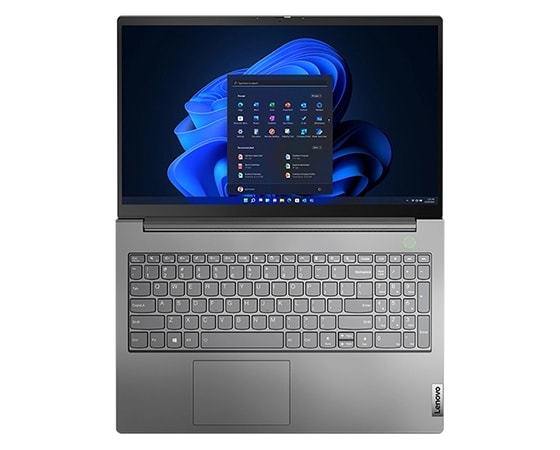 Vue du dessus d’un portable Lenovo ThinkBook 15 Gen 4 (Intel) ouvert, à plat, montrant le clavier, le pavé tactile et l’écran