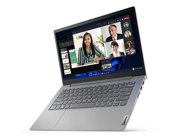 Top right angle view of a Lenovo ThinkBook 14 Gen 4 (Intel) laptop with a conferencing app on the display.