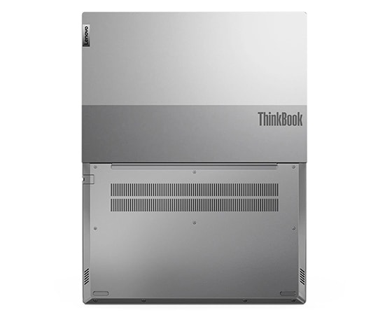 Vista inferior del portátil Lenovo ThinkBook 14 de 4 [35,56 cm (14"), AMD] con la tapa abierta en un ángulo de 180 grados