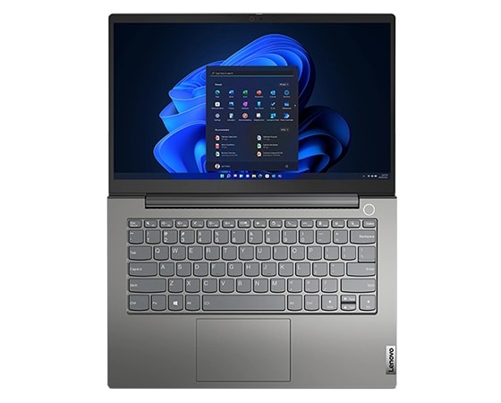 Lenovo ThinkBook 14 Gen 4-laptop (14" AMD) - bovenaanzicht, scherm 180 graden opengeklapt
