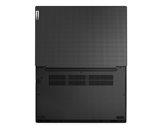 Aerial view of Lenovo V14 Gen 3 (14'' AMD) laptop, opened 180 degrees flat, showing rear top and bottom covers.