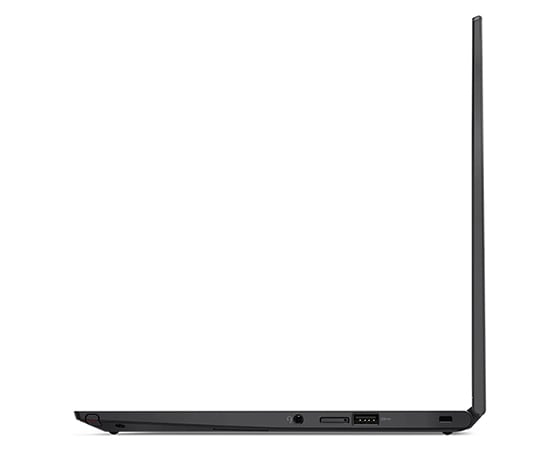 Ansicht des ThinkPad X13 Yoga Gen 3 (13'' Intel) von rechts, um 90 Grad geöffnet, mit Blick auf das flache Profil und die Anschlüsse