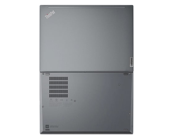 Aerial view of ThinkPad X13 Gen 3 (13'' Intel), opened 180 degrees, showing front and rear covers