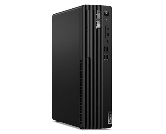 Left side view of Lenovo ThinkCentre M90s Gen 3 (Intel) small form factor desktop PC, stood vertically, showing ports and side panel