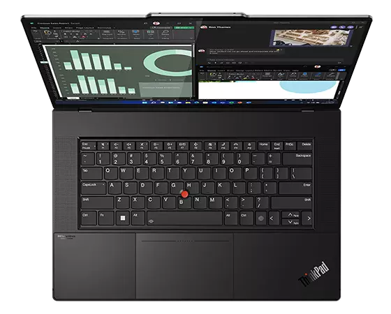 Overhead shot of the Lenovo ThinkPad Z16 laptop open 90 degrees, focusing on the keyboard.