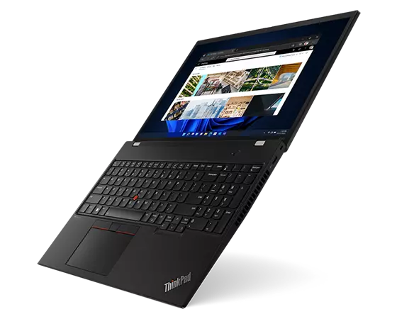 Right side view of ThinkPad P16s (16'' AMD) mobile workstation, angled at 45 degrees, opened flat, showing keyboard and display with Windows 11.