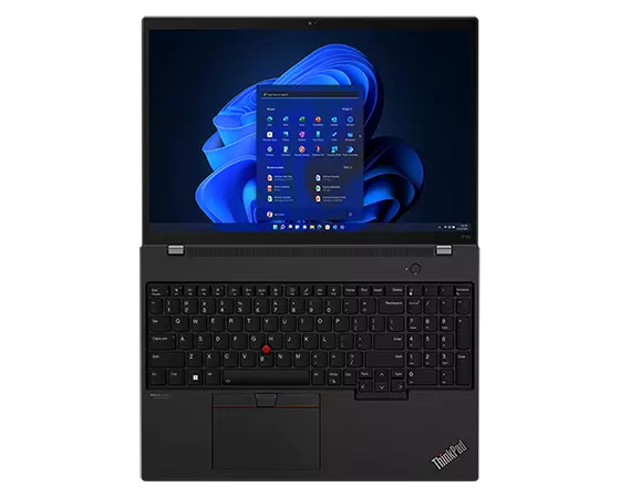 Aerial view of front facing ThinkPad P16s (16'' AMD) mobile workstation, opened 180 degrees, flat, showing keyboard and display with Windows 11.