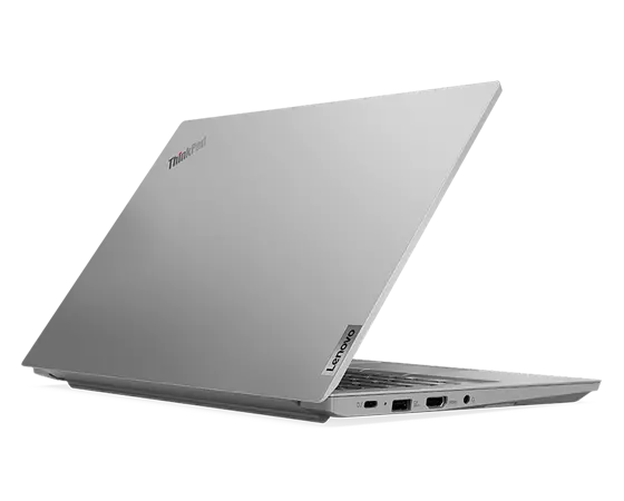 Rear, right-side view of ThinkPad E14 Gen 4 business laptop at an angle, opened 45 degrees in a V-shape, showing top cover and part of keyboard 