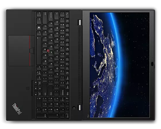 Aerial view of ThinkPad P15v Gen 3 (15″ Intel) mobile workstation, opened 180 degrees flat, showing keyboard & display.