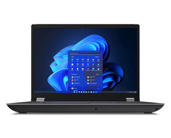 Vue avant gauche de la station de travail portable ThinkPad P16s, ouverte à 90 degrés, montrant l’écran et le clavier
