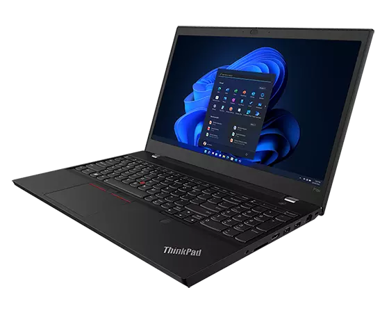 ThinkPad P15v Gen 3 (15″ Intel) mobile workstation at a slight angle, opened 90 degrees, showing keyboard & display with Windows 11.