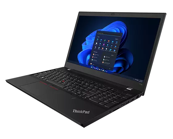 ThinkPad P15v Gen 3 (15″ Intel) mobile workstation at a slight angle, opened 90 degrees, showing keyboard & display with Windows 11