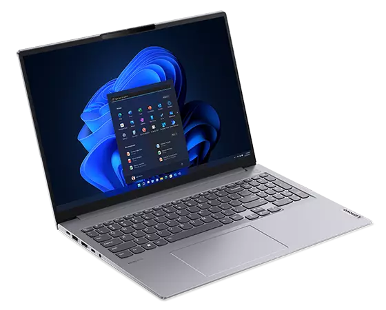 Lenovo ThinkBook 16 Gen 4 laptop open 90 degrees, showcasing Windows 11 Home on display, keyboard, & left-side ports.