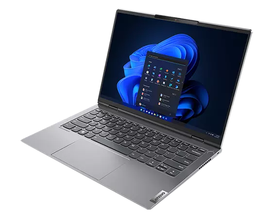 Right side view of ThinkBook 14p Gen 3 (14" AMD) laptop, opened 90 degrees at a slight angle, showing keyboard and display with Windows 11