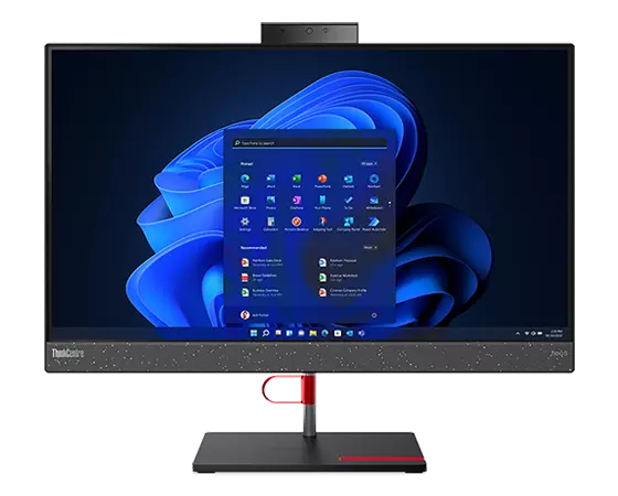 Close up of forward facing ThinkCentre Neo 50a all-in-one PC, showing display with Windows 11, stand, and holders for cables and phone