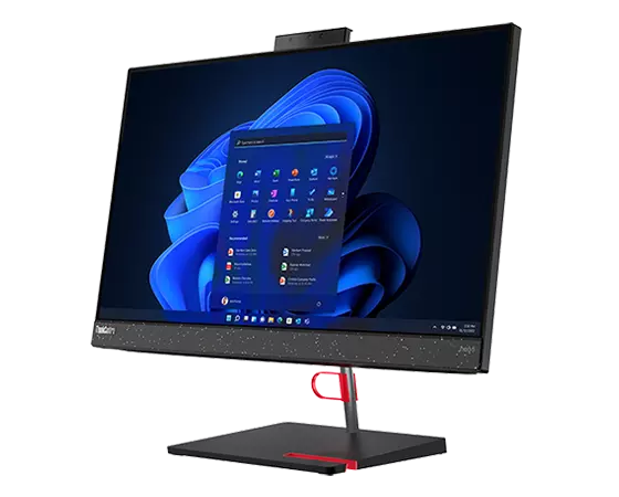 Forward facing ThinkCentre Neo 50a all-in-one PC, angled to the right, showing display with Windows 11, stand, and holders for cables and phone