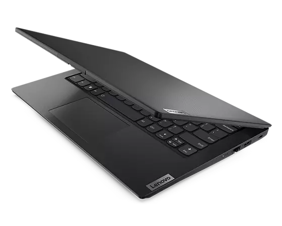 Rechtsachteraanzicht van bovenaf van een Lenovo V14 Gen 3 (14-inch Intel) laptop, 45 graden geopend met bovenkant en deel van toetsenbord zichtbaar