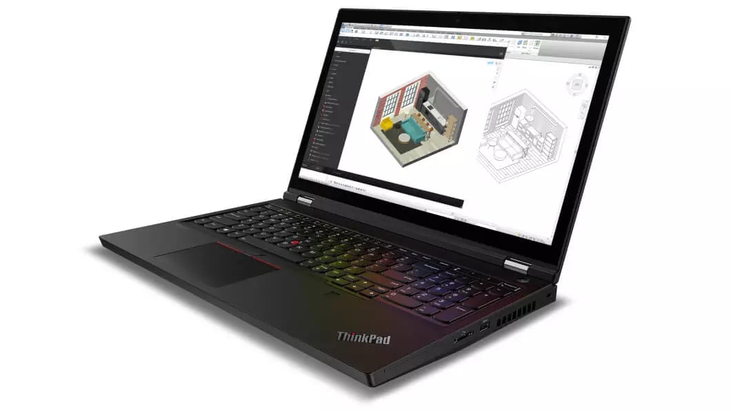 Lenovo ThinkPad P15 laptop open 90 degrees angled to show left side ports 