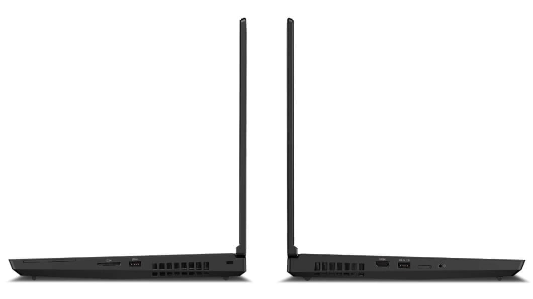 Two Lenovo ThinkPad P15 laptops open 90 degrees, placed back to back showing the left and right-side ports