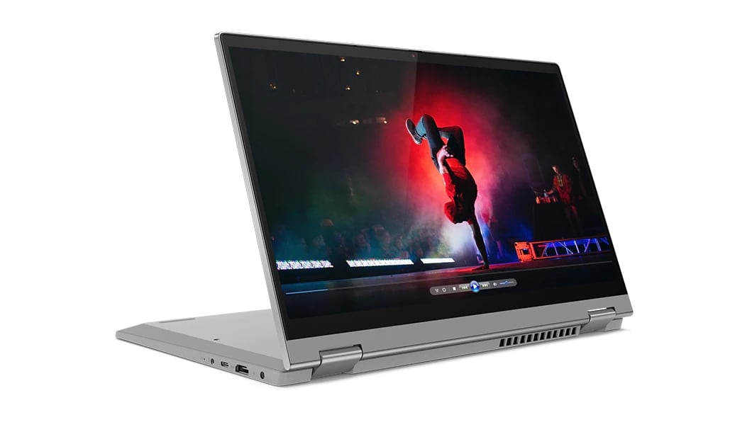 The 15-inch IdeaPad Flex 5 laptop, folded back and showing video