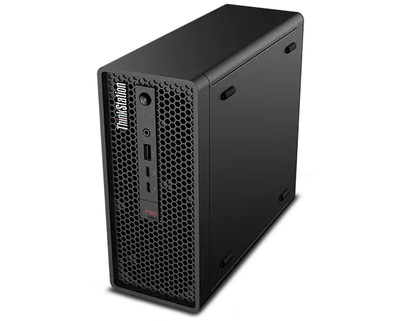 Overhead shot of Lenovo ThinkStation P360 Ultra workstation positioned vertically, showcasing front panel & right-side ventilation.