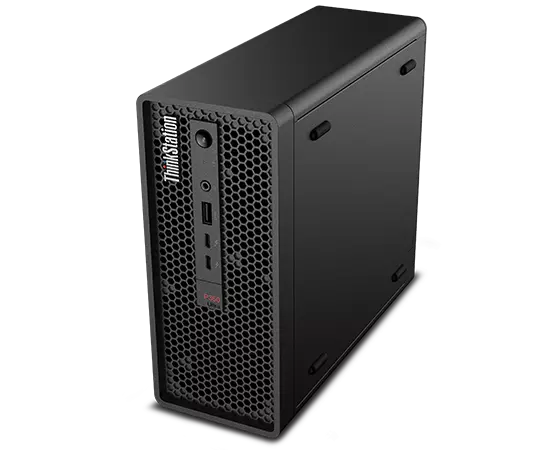 Schrägansicht von oben auf die Lenovo ThinkStation P360 Ultra Workstation, vertikal positioniert, mit Blick auf die Frontblende und die rechten Lufteinlässe.