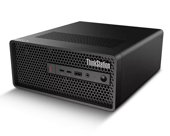 Lenovo ThinkStation P360 Ultra workstation positioned horizontally, showcasing ports on the front panel, right side, and ventilation on top.