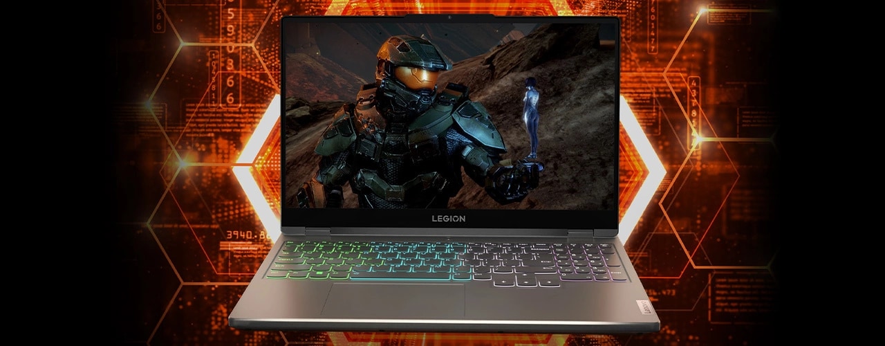 Legion 5 Gen 7 (15″ AMD) front view, RGB keyboard lighting turned on, “Halo: Infinite” on screen
