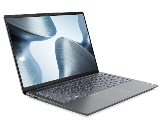 Driekwart zijaanzicht Lenovo IdeaPad 5i Pro Gen 7 laptop-pc in Storm Grey, staand.