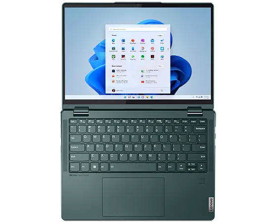 Overhead shot of Lenovo Yoga 6 Gen 7 convertible laptop open 180 degrees showing keyboard and display.