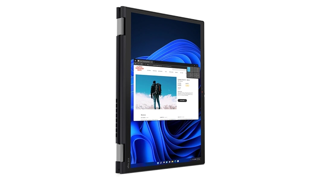 Front facing view of ThinkPad X13 Yoga Gen 3 (13" Intel) in tent mode, showing display