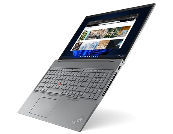 Side view of ThinkPad P16s mobile workstation, opened 180-degrees, vertically, showing display, keyboard, and ports
