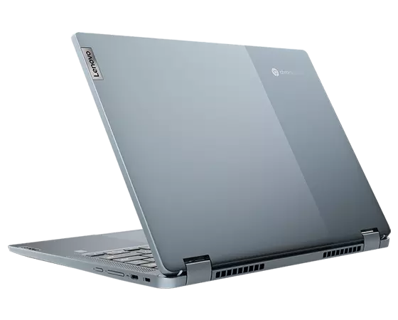 IdeaPad Flex 5i Chromebook Gen 7 (14'' Intel)—¾ right rear view, laptop mode, lid partially open.
