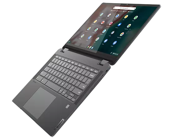 IdeaPad Flex 5i Chromebook Gen 7 (14'' Intel)— ¾ right view, laptop mode, lid open 180 degrees.